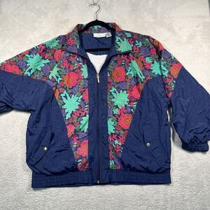 Vintage 90s Just for Women Nylon Lined Windbreaker 1X Navy Blue Floral Print‎